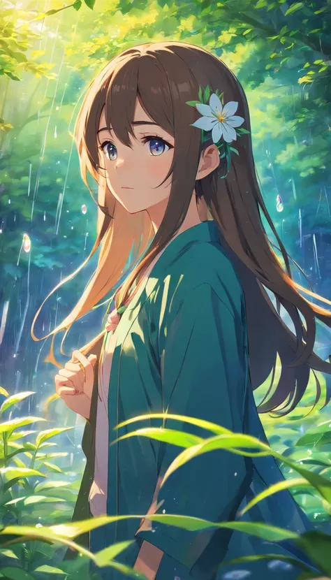 anime girl with long hair and flower in her hair, Beautiful anime artwork, style of anime4 K, Anime art wallpaper 4k,Rainy days，janelas，the woods，Rain drops