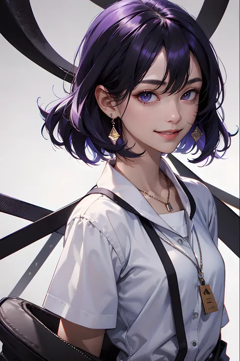 masutepiece,1girl in,Solo, lightsmile, Metal necklace, White shirt, modern school uniform, Accessories, Purple and black two-tone hair color, Unique hairstyle, Stylish, Black background