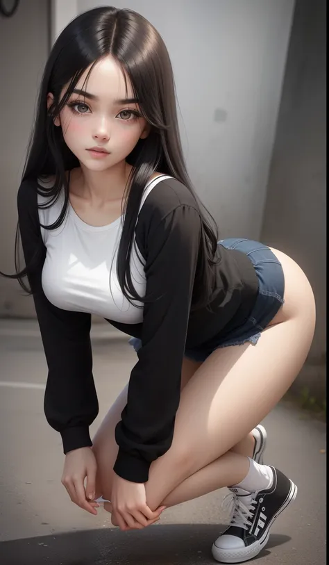 a woman in a casual clothing, white long sleeve T-shirt and circle skirt ,converse shoes, 17 years old, adult face, shoulder length slightly wavy hair, (( black coloured hair)) and gleaming detailed vibrant grey eyes, slim frame, medium breasts, long legs,...