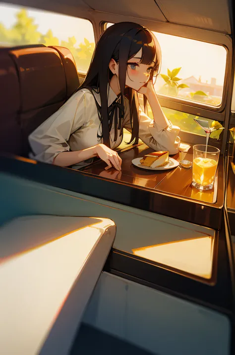 cabin attendant woman.(There is a cola in the glass。With lemon slice).