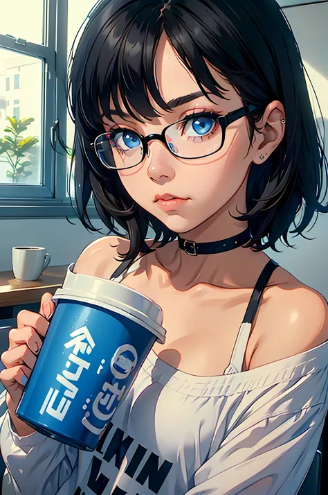 1 girl, short black hair, blue eyes, wearing eye glasses, sipping coffee in a mug that says "COFI-SPCLTY", inside a study room, 8k, masterpiece, looking at viewer, ultra sharp