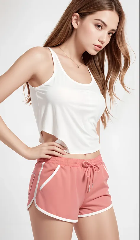 um close up de uma mulher com uma regata branca e shorts rosa, tampo branco do tanque, vestindo regata e bermuda, usando um top ...