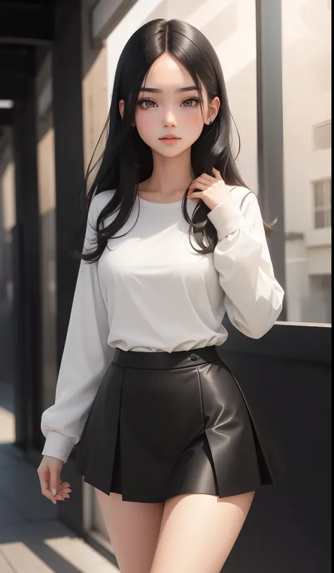 a woman in a casual clothing, white long sleeve T-shirt and circle skirt ,converse shoes, 17 years old, adult face, shoulder length slightly wavy hair, (( black coloured hair)) and gleaming detailed vibrant grey eyes, slim frame, medium breasts, long legs,...