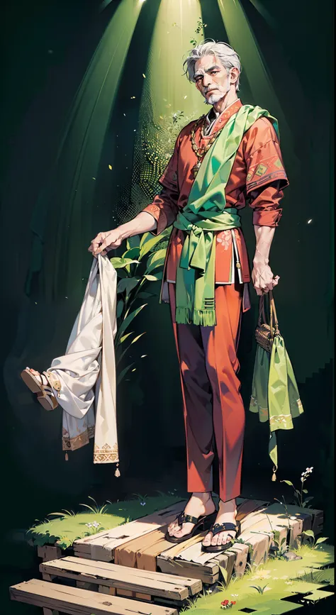 Dark green background，(Full-body portrait on the front:1.8)，(Lamp in hand)，40 years old，Poor，brown clothes，Middle aged，Village Head，naive，the elder，Full body like，Cloth shoes，sandals，One guy，hoary，countryman，facing to audience，Sackcloth clothes