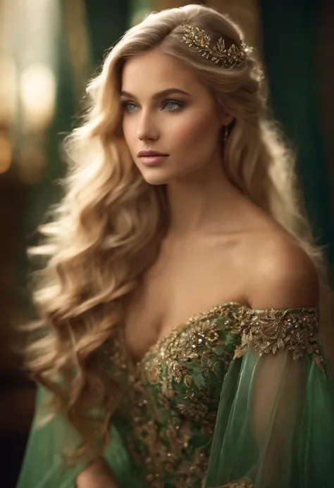 An elegant princess gorgeous dress with long blonde hair and green eyes