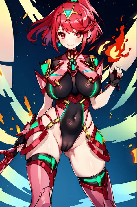 pyra (xenoblade), teen_1girl, loli, bangs, black gloves, breasts, red eyes, shout, earrings, eyelashes, fingerless gloves, floating hair, , gem, gloves, hair ornament, headpiece, jewelry, big_breasts, leaning back, swimsuit, neon trim, official art, pose, ...