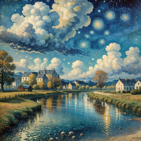 Van Gogh oil painting, majestic, landscape, river, white clouds, villages, 8K, fine details, HD