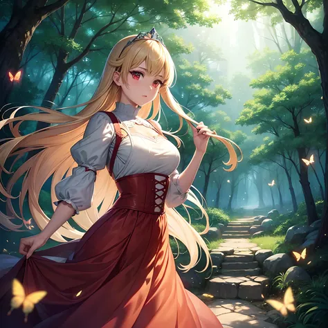 Manga-style, anime, animated GIF illustrating manga-style anime, Kentaro Miura, Wlop illustration, best quality, best lighting, best artist, best luminosity, incredible beautiful forest background scenery with butterflies, fireflies, a lovely young woman, ...