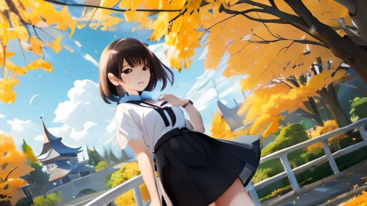 anime girl in short skirt standing in front of bridge, ilya kuvshinov landscape, anime moe art style, smooth anime cg art, anime...