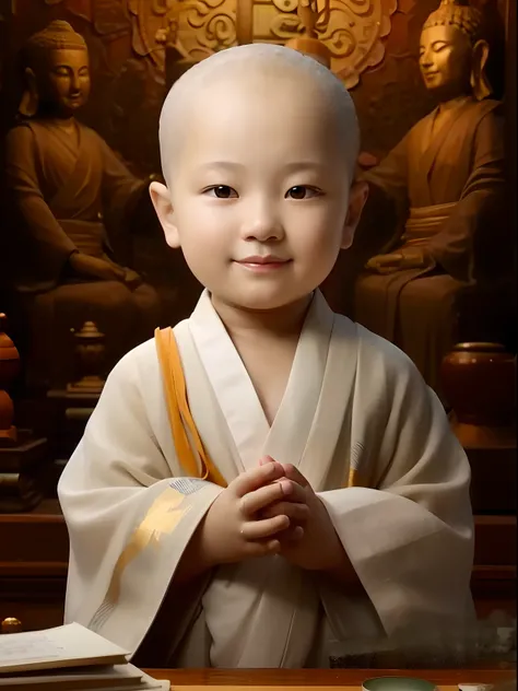 a close up of a child in a robe with a book, buddhist, monk clothes, wearing simple robes, buddhist monk, by Li Mei-shu, yan, innocent smile, serene smile, portrait of monk, white daoist robes, buddhism, taoist temples and monks, ancient japanese monk, by ...