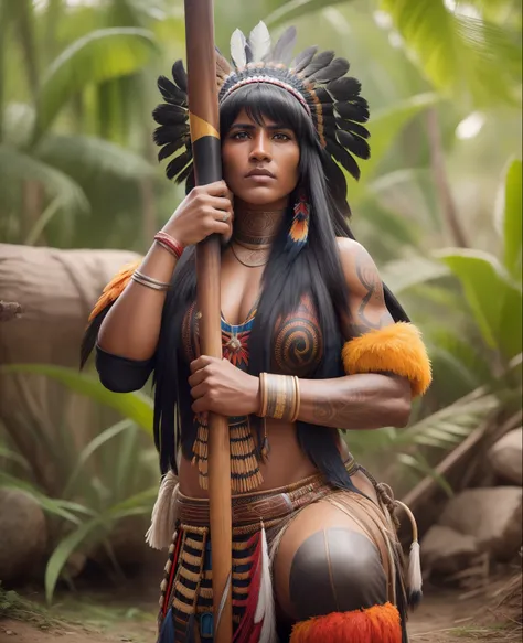 Image of a beautiful indigenous warrior with extraordinary beauty, holding a large spear in his hands, on the head a large colorful headdress made of Macaw feathers with ultrarealism and perfection, Realismo, renderizado, Alto contraste, digital art photog...