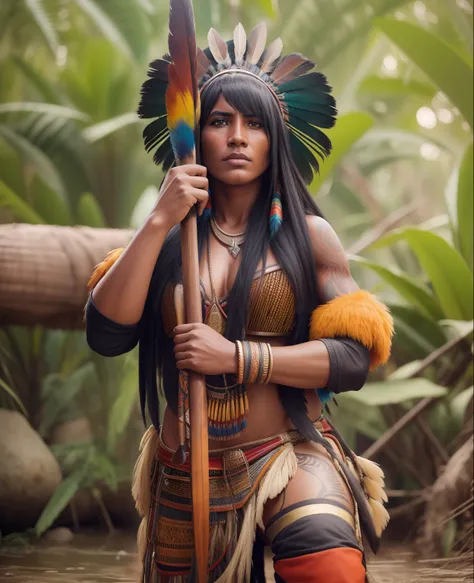 Image of a beautiful indigenous warrior with extraordinary beauty, holding a large spear in his hands, on the head a large colorful headdress made of Macaw feathers with ultrarealism and perfection, Realismo, renderizado, Alto contraste, digital art photog...