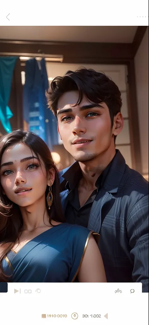 A handsome 20 year old boy with brown eyes wearing blue suit and shirt fit body with smile on face and a beautiful 19 year old girl with round face, black eyes wearing blue saree