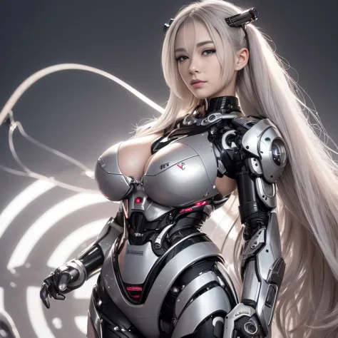 Beautiful Face,face is Japan, 1 Woman, Big, Curvaceous, (16k, RAW photo, top quality, masterpiece: 1.2), (HDR, Realistic, Photorealistic: 1.37) (tube attached to the body), (Bikini Cyborg robot parts)))), (light gray hair), Long hair, Wavy hair, Twin tails...