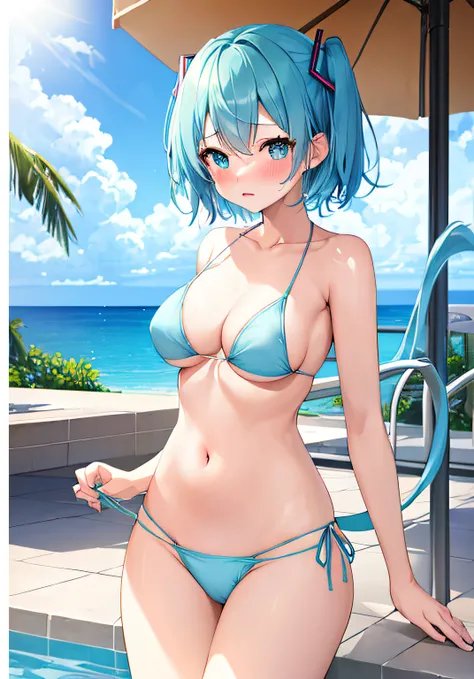 ​masterpiece、Top image quality、超A high resolution、NSFW、miku hatsune、blue hairs、Twin-tailed、Short hair、Blushing、Embarrassing appearance、Light blue string bikini、Borderline String Bikini、in poolside、resort hotel