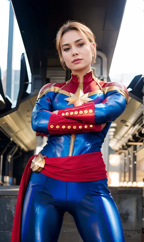 4k, Captain Marvel, mulher sexy, corpo musculoso, cabelo curto, traje de couro.