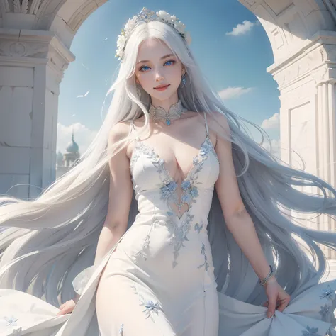 White goddess blue eyes in human shape、beautiful body of a flower of a very attractive age with white underhair,,Wearing a white dress,Smiling inside a magnificent palace made of white stone