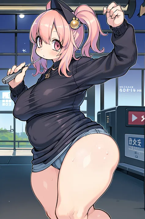 (masutepiece), (Best Quality), (hight resolution), Detailed, (Details 1.2), (Hyper Detail 1.4), (Glamorous Digital Art 1.2), absurderes, 1girl in, Small breasts, Ass, Hair ornaments, Solo, Pink hair, (Black shirt:1.3), jeans, (train station:1.2) Running, t...