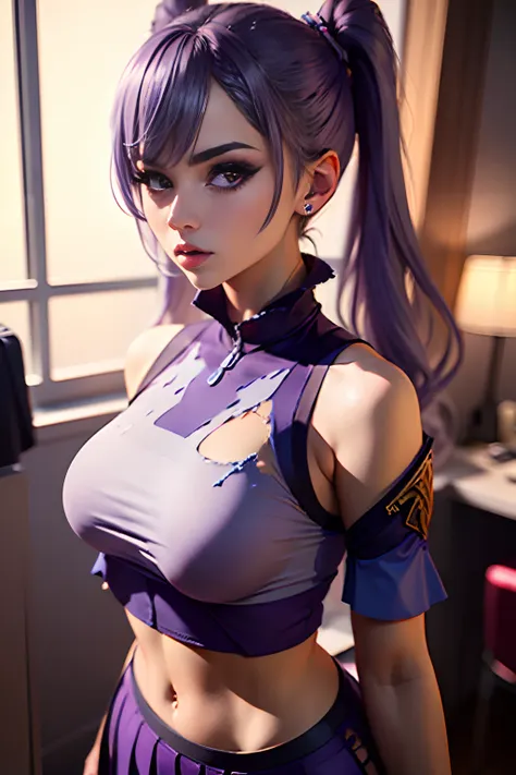 (Best quality) (masterpiece) 1girl, light purple hair pigtails. Big breasts, bulged skirt, ((ripped tights)). Body turned to camera. Looking at camera seductive eyes. Pout lips. Crop top. Octane render.