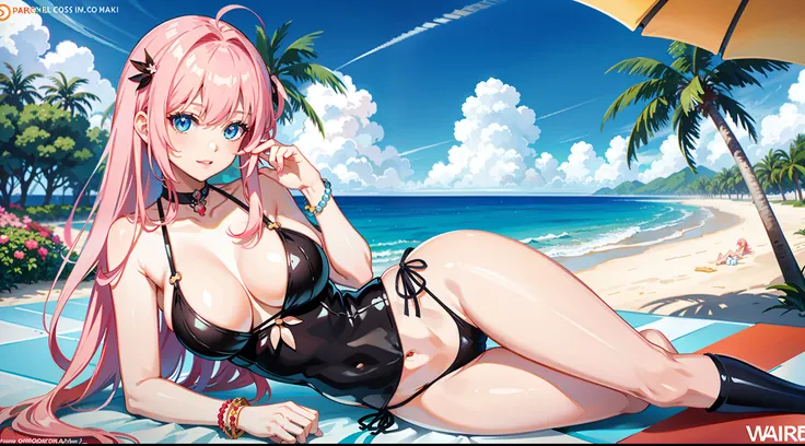 anime girl in bikini sitting on beach with palm trees in background, seductive anime girl, realistic bikini, extremely detailed artgerm, swimsuit, at the beach, beaching, is wearing a swimsuit, smooth anime cg art, photorealistic anime girl render, on a be...