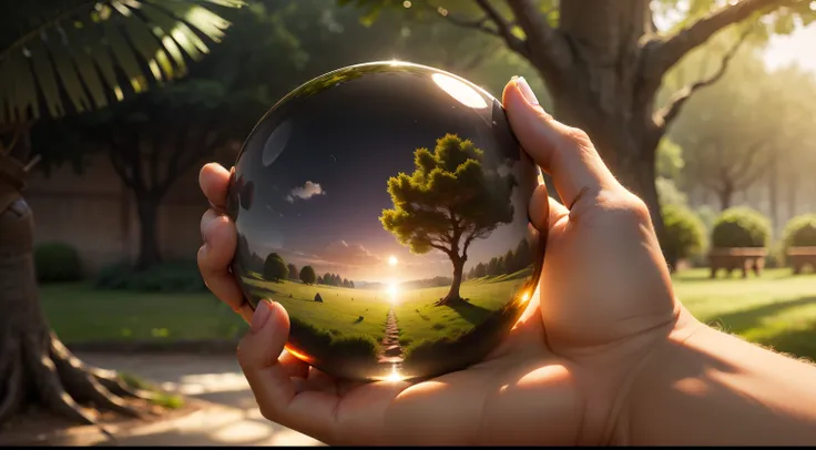 Human hand holding glass ball with tree inside. Environment conservation concept. High quality photo