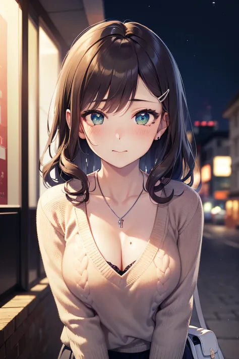 ((masterpiece, best quality, highres, UHD, perfect pixel, depth of field, 4k, RTX, HDR))), 1girl, single, solo, beautiful anime girl, beautiful artstyle, anime character, 24 years old, ((long hair, bangs, dark brown hair, curly hair:1.4, hair pin)), ((deta...