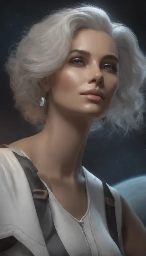 (on the moon, space, looking back into earth), white hair, black tank top, volumetric lighting, white jacket, glowing headphone, cyberpunk, futuristic, multi-color eyes, detailed eyes, hyper detailed,light smile, highly detailed, beautiful, small details, ...