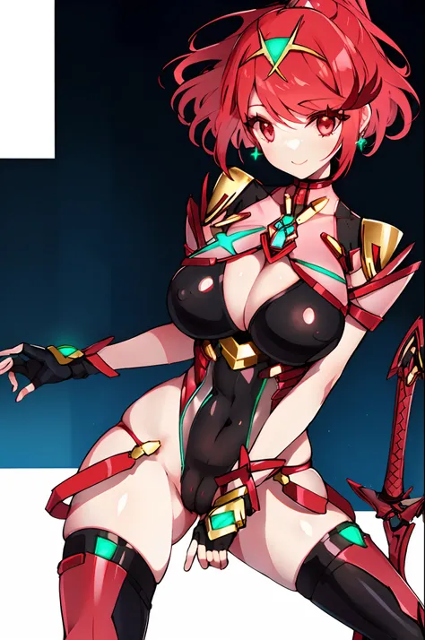 pyra (xenoblade), teen_1girl, loli, bangs, black gloves, breasts, red eyes, shout, earrings, eyelashes, fingerless gloves, floating hair, , gem, gloves, hair ornament, headpiece, jewelry, big_breasts, leaning back, swimsuit, neon trim, official art, pose, ...