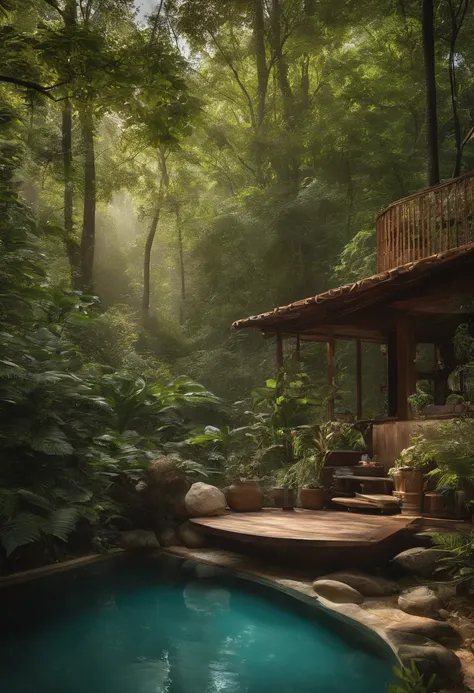 Chalet in the jungle，big breasts beautiful，laid back，There are two floors，There was a sofa，furniture，k hd，high-definition picture quality，Tremendously beautiful，rays of sunshine，the trees，the woods，naturey，Flowers，pools of water