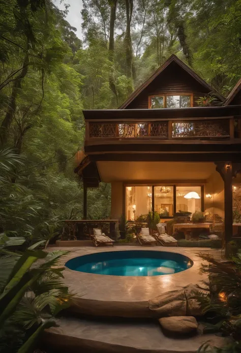 Chalet in the jungle，big breasts beautiful，laid back，There are two floors，There was a sofa，furniture，k hd，high-definition picture quality，Tremendously beautiful，rays of sunshine，the trees，the woods，naturey，Flowers，pools of water