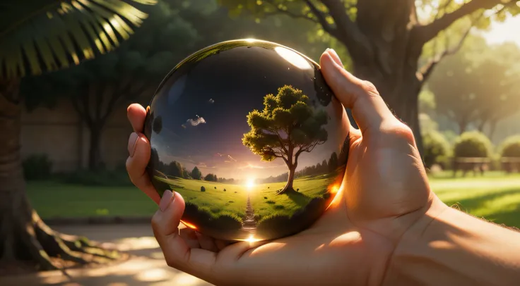 Human hand holding glass ball with tree inside. Environment conservation concept. High quality photo