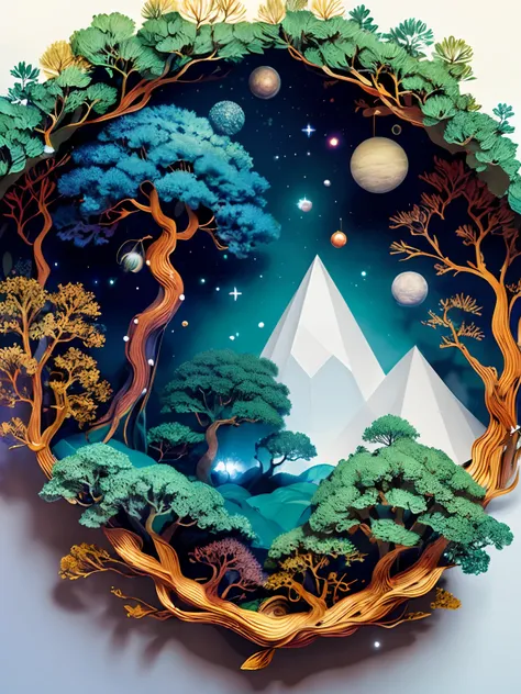 (((obra-prima))), melhor qualidade, illustration, 
A mystical forest with giant trees and magical beings hidden among the branches, 8k, alta qualidade, outer space, Papel_cortar,