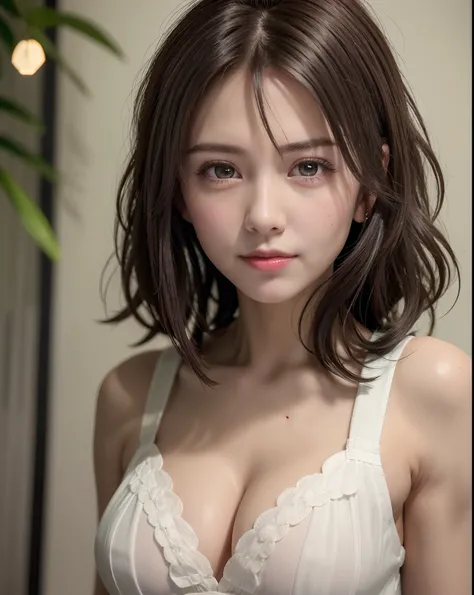 Night, RAW Photography, (((Very Beautiful Portrait))), (Very Beautiful Portrait))), 1 Girl, Sexy 25 Year Old Girl, ((Natural Brown Hair with Short Cuts)), [Brown Eyes],Gentle Smile Staring at the Camera(cleavage), ((Masterpiece, Best Quality, Ultra Detail,...