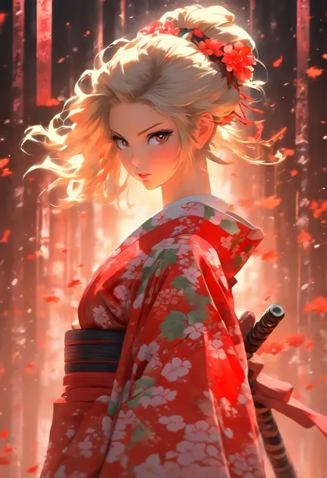 Girl in kimono standing with (Japanese sword:1.3), holding Katana, white medium hair, red eyes, lips, kimono with red mandarin flower pattern on black background, red splash pattern on black background, super high quality, super fine detail, super fine kim...