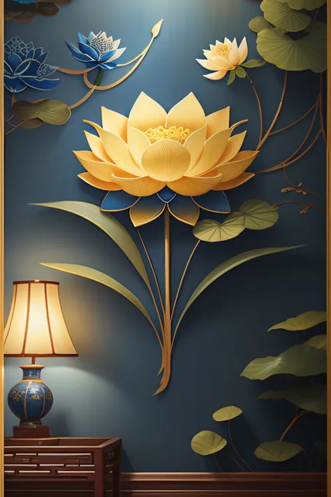 lotus flower ，Lotus leaf，Chinese wall art in blue and gold，Dark blue Chinese art print, Chinese décor, Minimalist wall art, Indigo