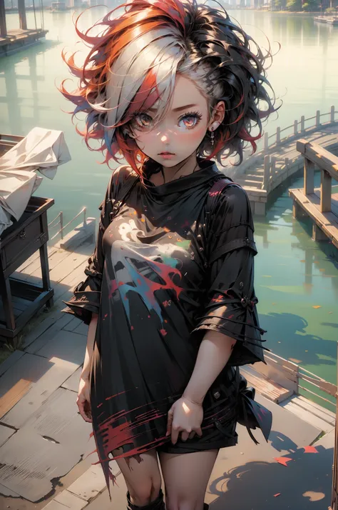 (((masterpiece))),(((4K))),(((girl))),(extremely detailed CG, ultra-detailed, best shadow), (scenery: 1.1), (short hair),(Cute half white and redk dyed hair),Black very Oversized tshirt,Niji Kei,Thing of Beauty