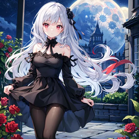 wavy silver hair、red eyes、Beautiful girl alone、Black fluffy dress、off shoulders、a miniskirt、Black tights、rose garden、a moon