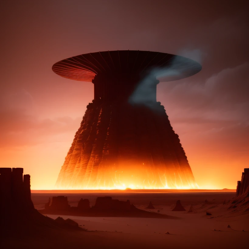 Alien base (Very detailed) In the mountainous desert，There are several exhaust fans and chimneys, Some spotlights come out of the base to illuminate dark places, (Extreme nights), Some clouds in the night sky, Some of the surrounding planets provide air to...