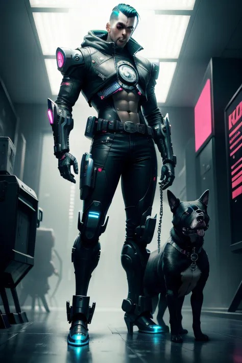 cyberpunk styled robot like man, no sexy behaviors, standing beside a big robot dog