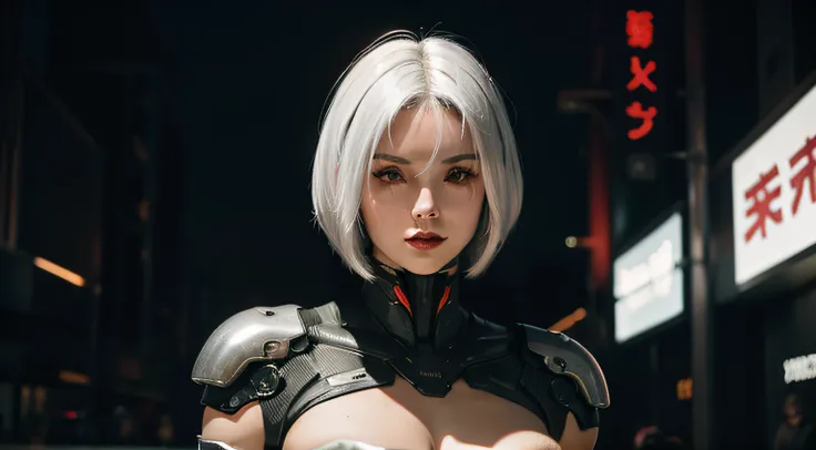 sexy cyborg woman posing for a picture, white hair and perfect body, dark cyberpunk bakground, night lights, ultra detailed, hyper realistic, best quality, masterpiece.