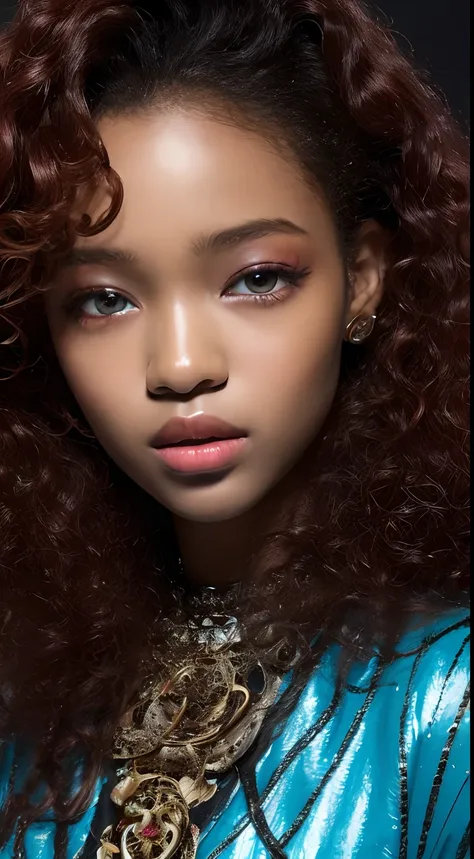 one African teen model , hair model, Unique curly hair details, cyberpunk fashion, Near future , double eyelid, plump lips, professional makeup