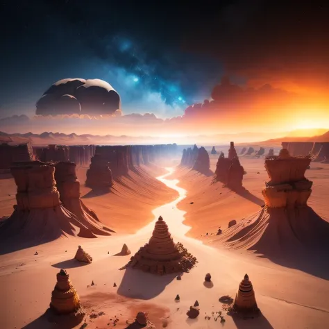 Alien base (Very detailed) In the mountainous desert，There are several exhaust fans and chimneys, Some spotlights come out of the base to illuminate dark places, (Extreme nights), Some clouds in the night sky, Some of the surrounding planets provide air to...