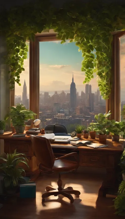 An artists desk with plants, Books, Papier, Laptop, Regal, Drawers, with a view of a green city backdrop