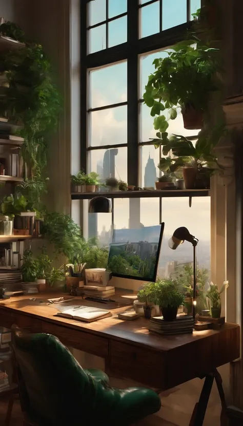 An artists desk with plants, Books, Papier, Laptop, Regal, Drawers, with a view of a green city backdrop