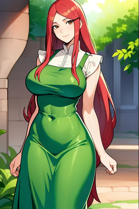 uzumaki_kushina, large_breasts, standing, solo, kushina_green_dress, masterpiece, best quality, detailed face, detailed eyes, highres,uzumaki_kushina, large_breasts, standing, solo, kushina_green_dress, green apron, long apron, beige dress, long dress, tig...