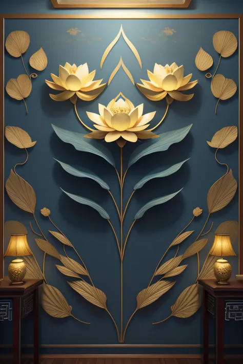 lotus flower ，Lotus leaf，Chinese wall art in blue and gold，Dark blue Chinese art print, Chinese décor, Minimalist wall art, Indigo