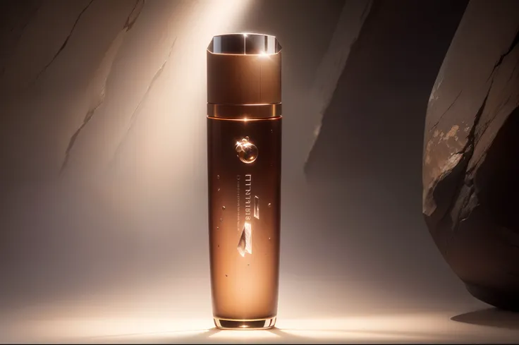 super close up , The perfume bottle spans two boulders, And the whole picture is a diagonal composition, Empty scene, Light brown background, softbox lighting, Diagonal composition，product, Telephoto lens, Contrast light and shadow, Extreme detail and text...