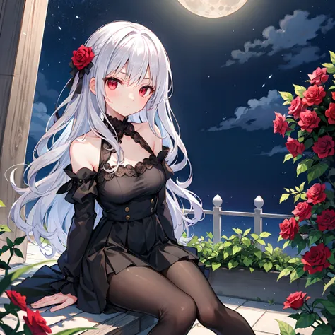 wavy silver hair、red eyes、Beautiful girl alone、Black fluffy dress、off shoulders、a miniskirt、Black tights、rose garden、a moon、sitting on