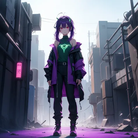 Full body depiction、（Standing in the desert）、Cyberpunk Girls、Green and purple attire、（Wearing pants）、（With belladonna properties）、The gift of death、Standing alone、The ultra -The high-definition、Guardian of plants、（（holding an ampoule with poison,,,,））、（Hai...