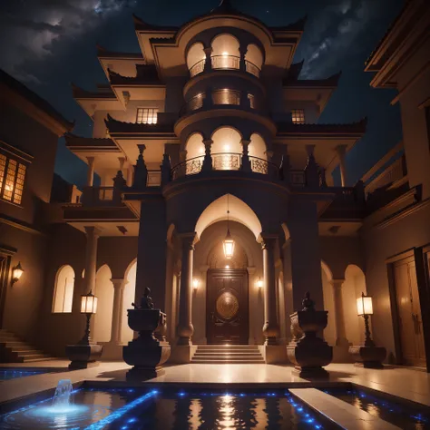 An African designed beautiful mansion with a balcony and an African designed fountain in the compound, house built with highly detailed metallic and marble look features, a billionaires type of mansion, African designed sculptures in the compound, with the...